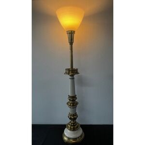 Stiffel Vtg MCM Brass Enamel Torchiere Buffet Candlestick Lamp Glass Shade 37"